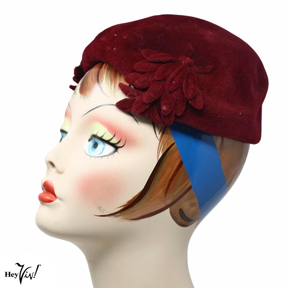 Vintage 1950s Burgundy Red Felt Tilt Hat Floral Appliques w Rhinestone - Hey Viv